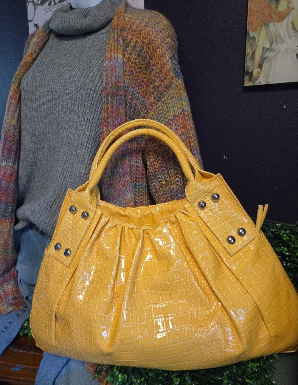 Cato Glossy Croc-Embossed Mustard Yellow Shoulder Tote